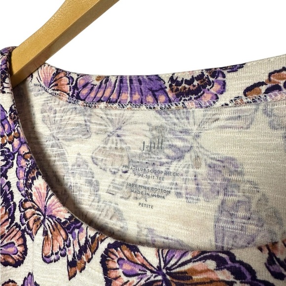 J. Jill | Pima Slub Scoop Neck Side Slit Tee | Purple Butterfly Print | Size L - Picture 2 of 5